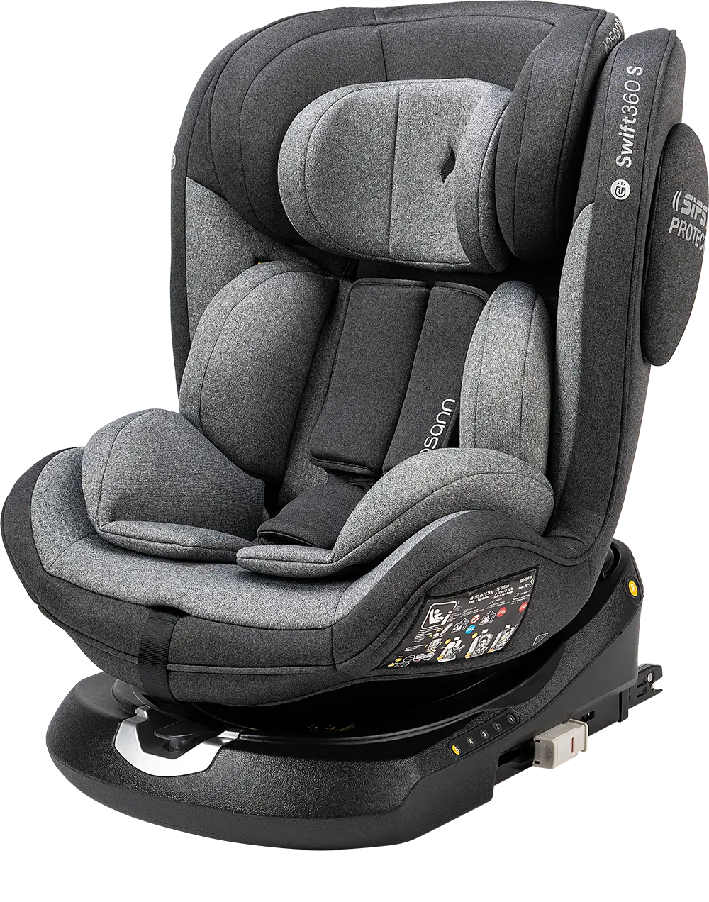 Cadeira auto Osann Swift360 S i-Size em vista frontal, destacando o acolchoamento e o design ergonómico na cor cinza.