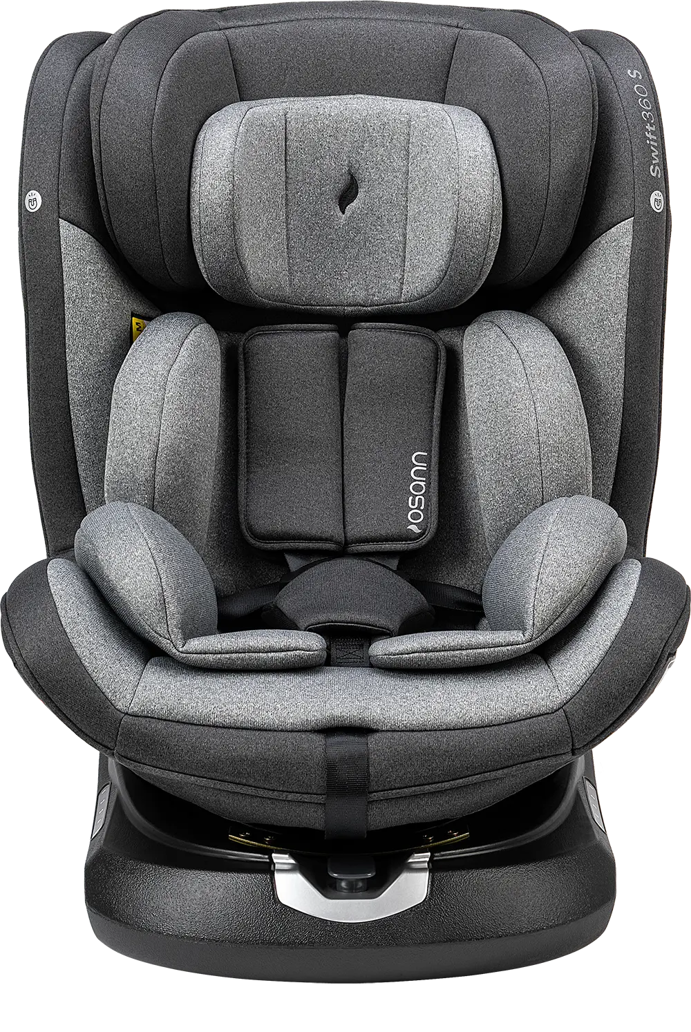 Cadeira auto Osann Swift360 S i-Size em vista frontal, destacando o acolchoamento e o design ergonómico na cor cinza.