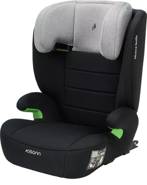  Cadeira auto Musca Isofix em cor preta, com encosto cinza melange, vista em ângulo ligeiramente inclinado para a esquerda.