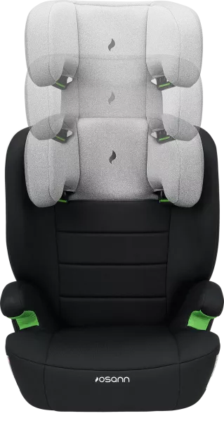 Cadeira auto Musca Isofix Grey Melange, com o encosto e apoio de cabeça ajustado para a máxima altura, vista frontal.