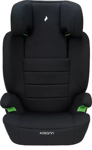 Cadeira auto Musca Isofix em cor preta, com encosto e apoio de cabeça ajustados para média altura, vista frontal.