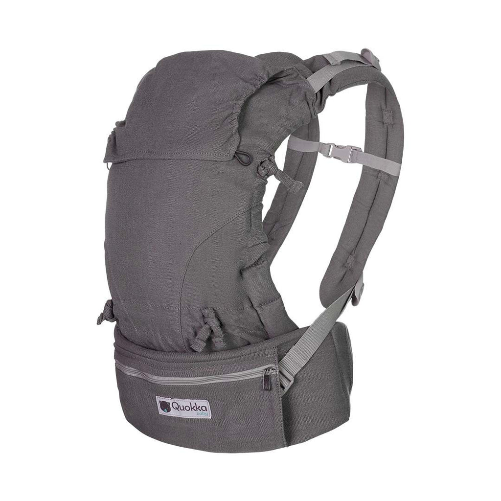 Pormenor do painel e das alças da mochila Quokkababy E-Carrier Light Grey
