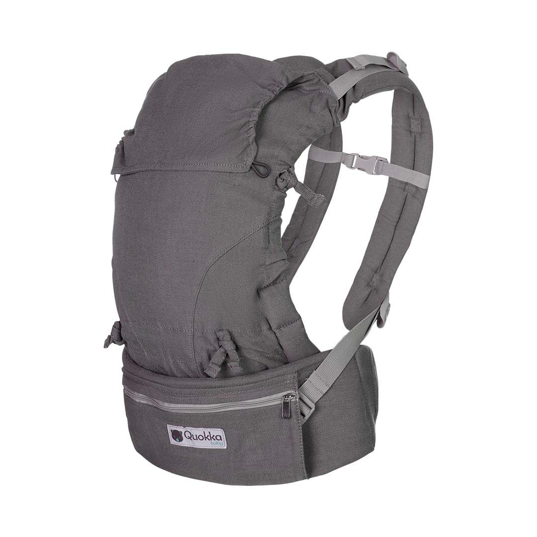 Pormenor do painel e das alças da mochila Quokkababy E-Carrier Light Grey