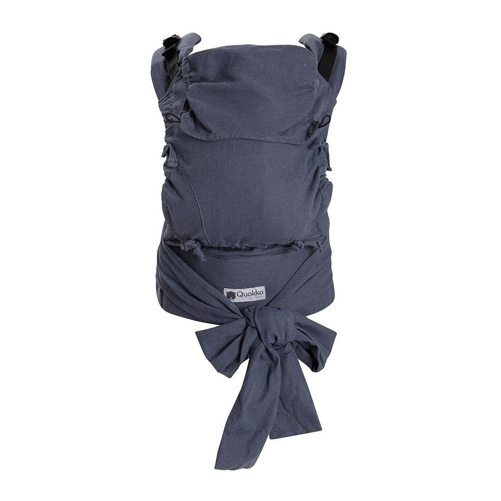 Pormenor do painel e das tiras do mei tai Quokkababy Mei Carrier denim