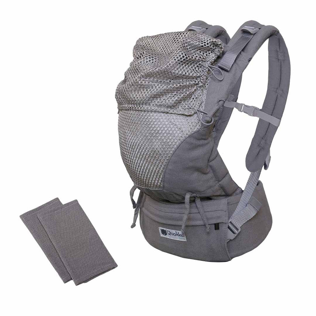 Mochila Quokkababy E-Carrier Mesh Light Grey, vista de frente, com painel central em malha 3D