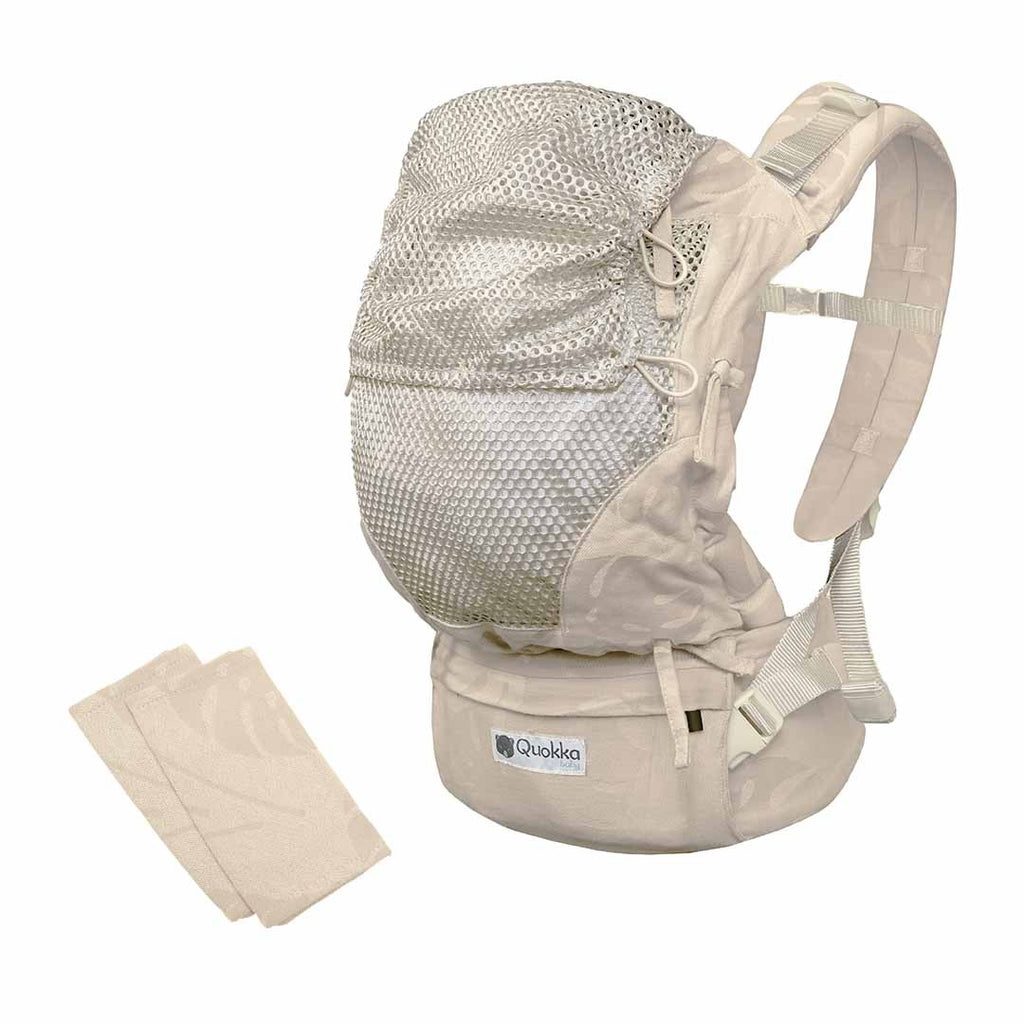 Mochila Quokkababy E-Carrier Mesh Taupe Leaves, vista de frente, com painel central em malha 3D