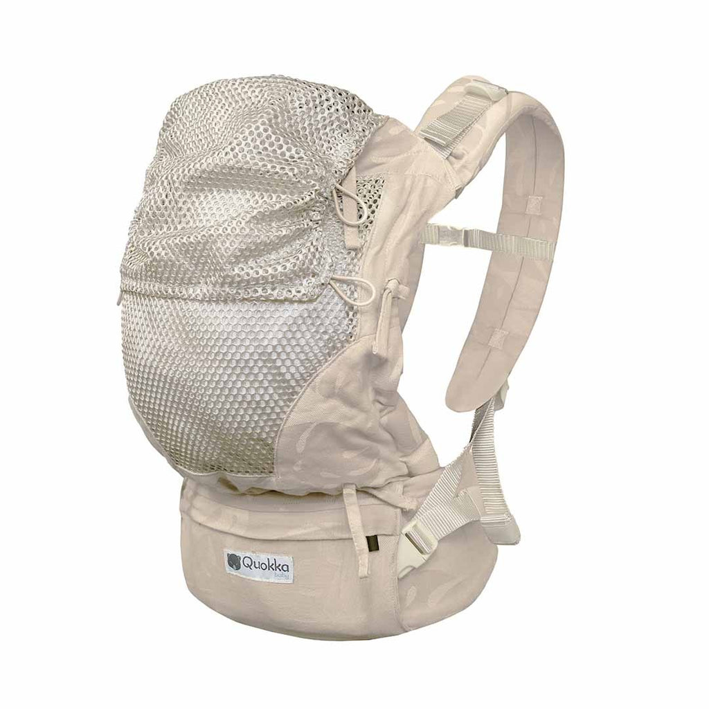 Pormenor da malha 3D do painel da mochila Quokkababy E-Carrier Mesh Taupe Leaves