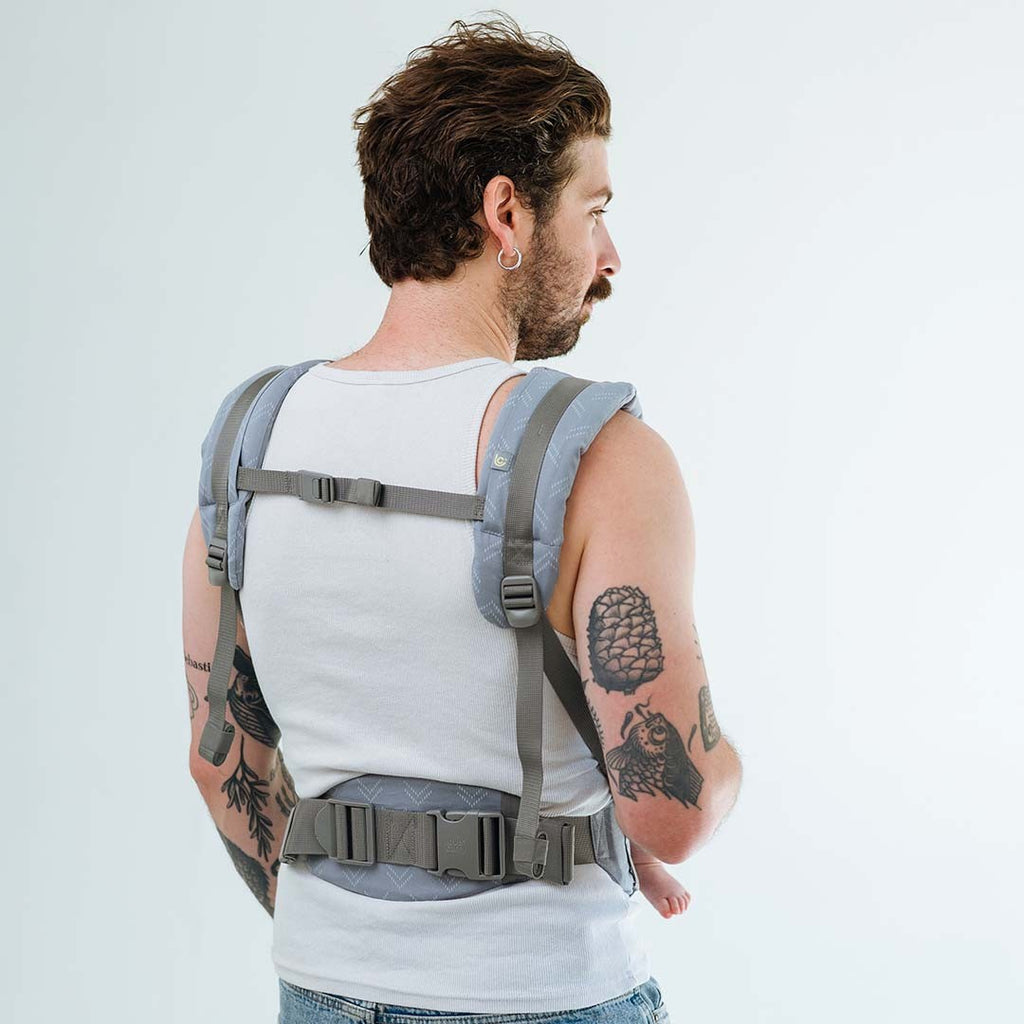 Pormenor do painel e do cinto lombar da mochila Love and Carry ONE Evo na cor Monsoon