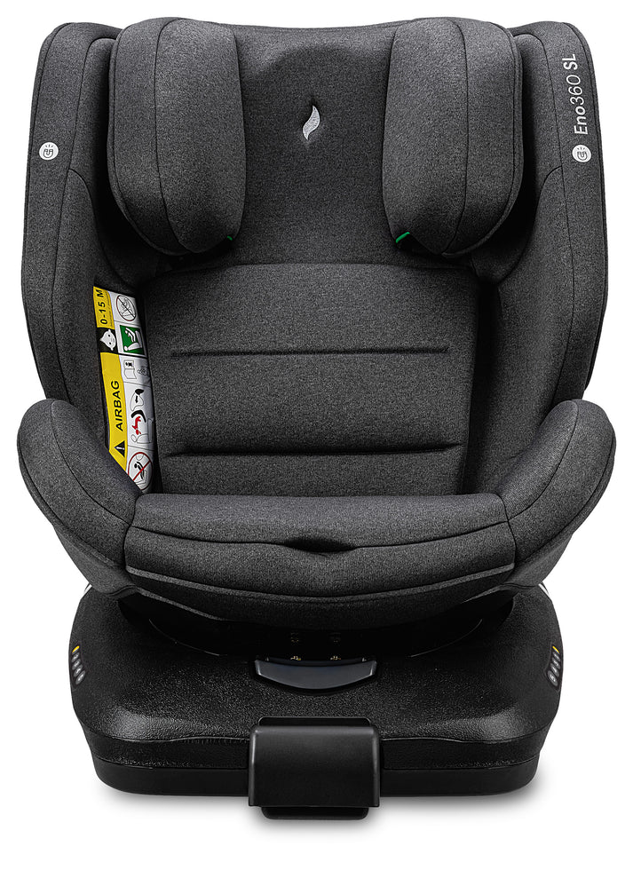 Cadeira auto Eno360 SL i-Size, vista frontal sem encosto de cabeça, mostrando o espaço amplo e acolchoamento ergonómico.