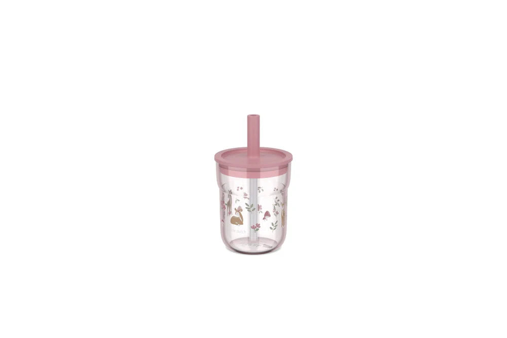 Copo Little Dutch Fairy Garden de 250ml com palhinha, visto de frente em fundo branco, destacando o design e a cor rosa.