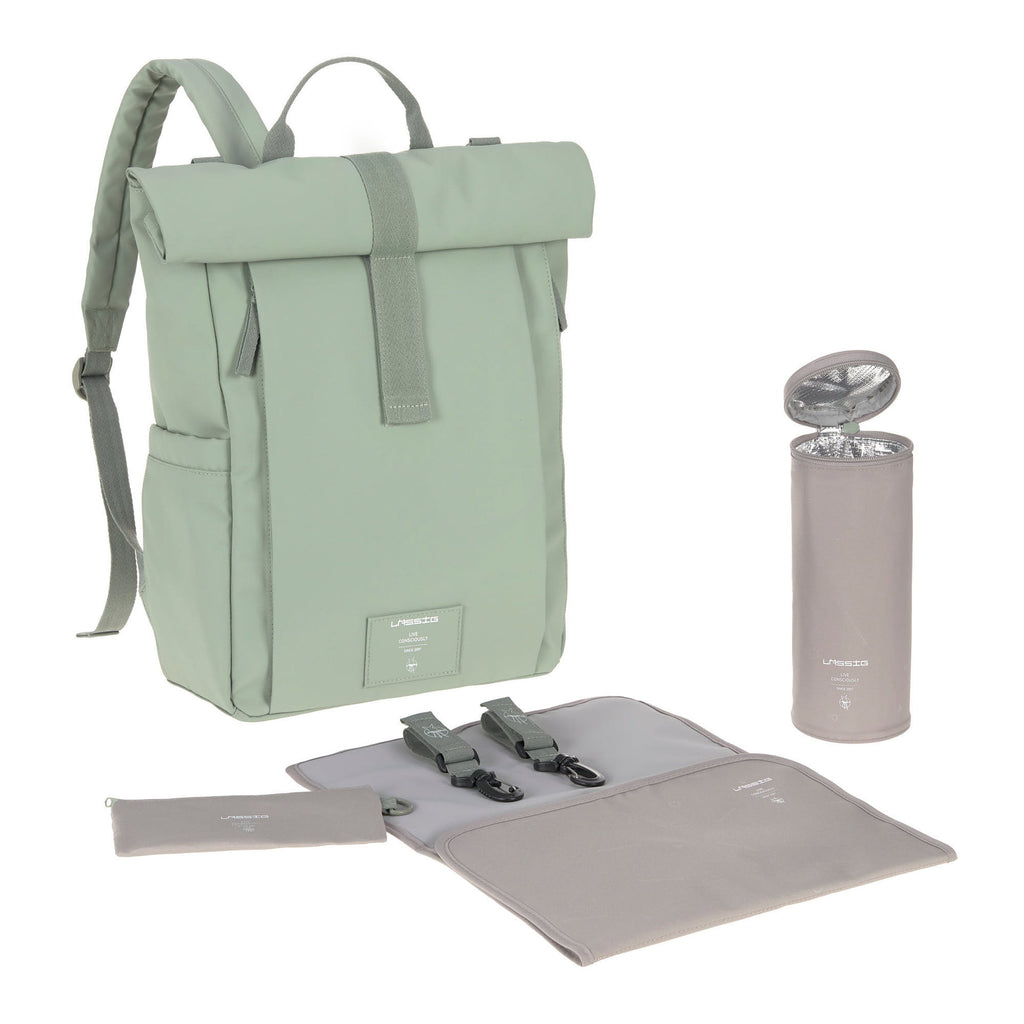 Mochila de Maternidade Lassig Rolltop Up na cor verde prateado, fotografia 1 de 8 do produto