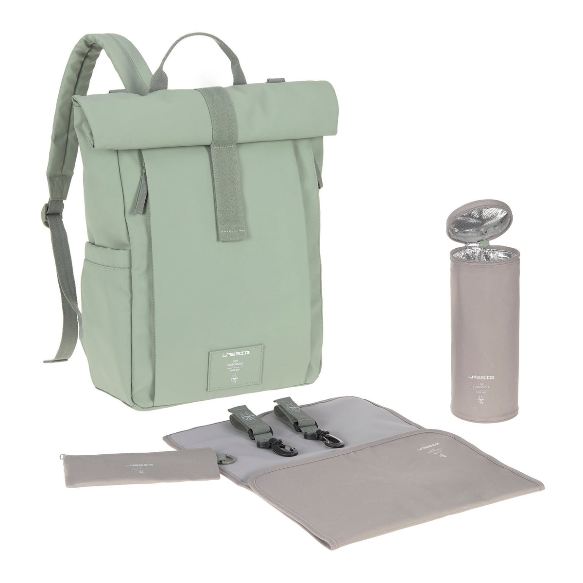 Mochila de Maternidade Lassig Rolltop Up na cor verde prateado, fotografia 1 de 8 do produto