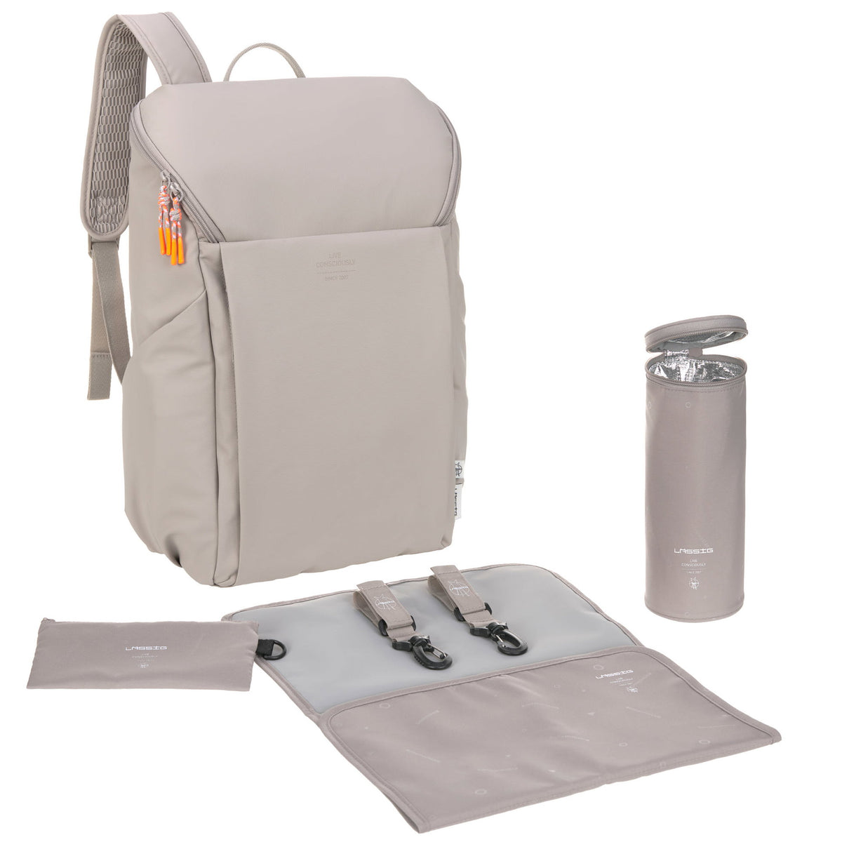Mochila de Maternidade Lassig Slender Up na cor taupe, fotografia 1 de 8 do produto
