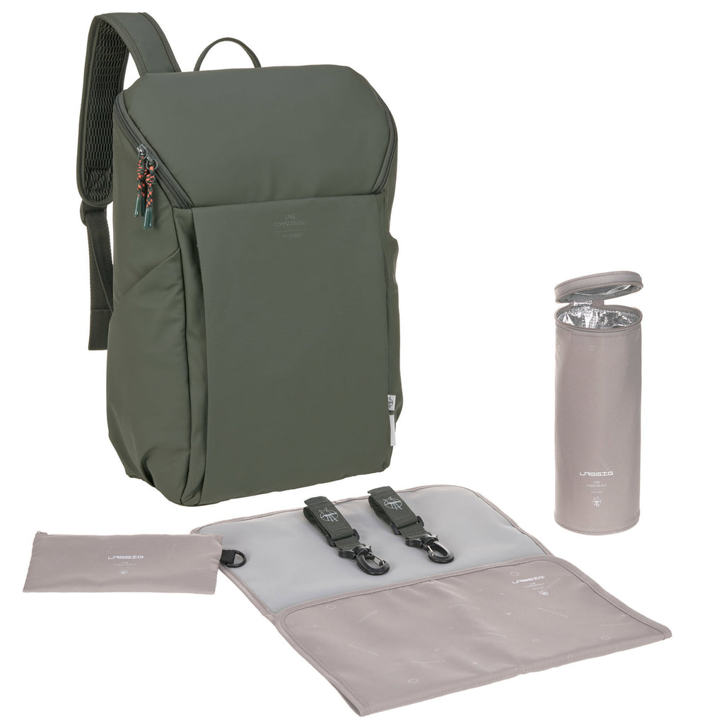 Mochila de Maternidade Lassig Slender Up na cor verde oliva, fotografia 1 de 7 do produto
