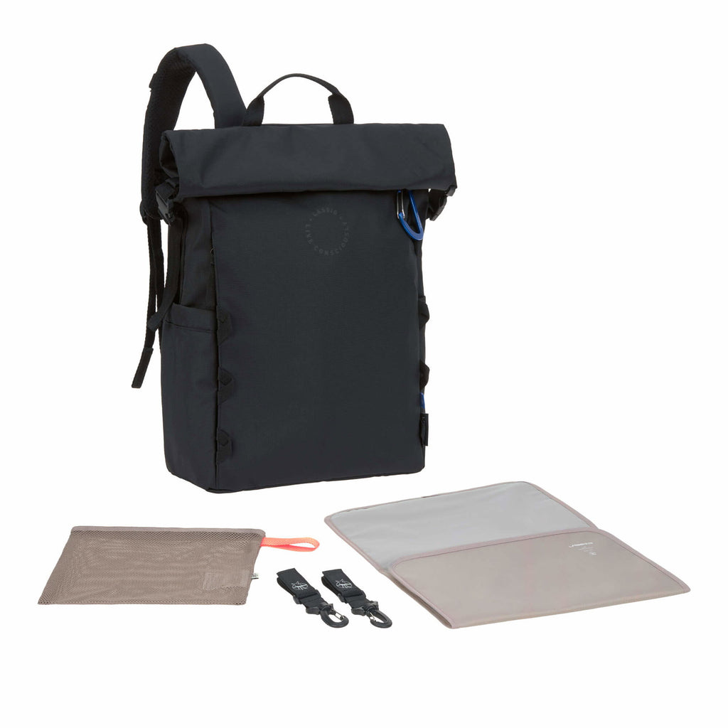 Mochila de Maternidade Lassig Outdoor Rolltop na cor preto, fotografia 1 de 8 do produto
