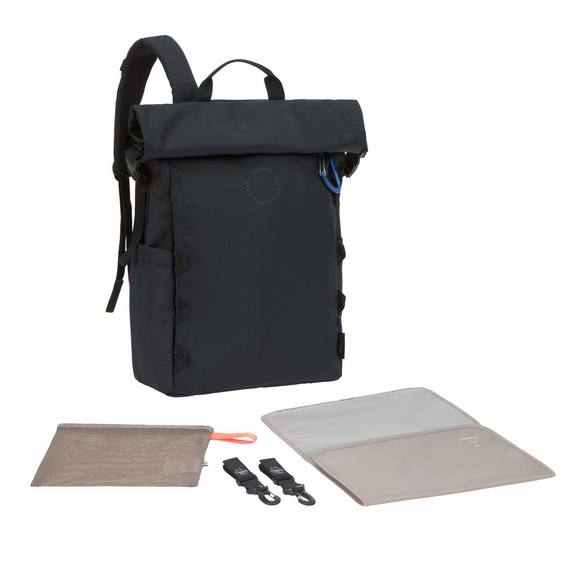 Mochila de Maternidade Lassig Outdoor Rolltop na cor preto, fotografia 1 de 8 do produto