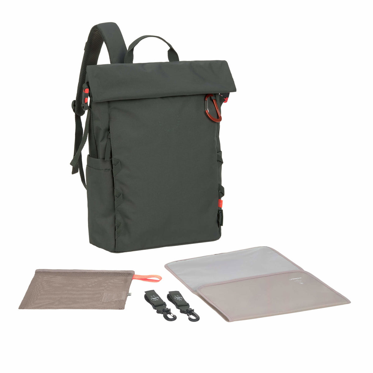 Mochila de Maternidade Lassig Outdoor Rolltop na cor verde oliva escuro, fotografia 1 de 8 do produto