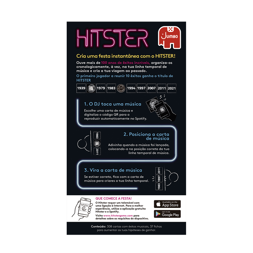 Verso da embalagem do Hitster Jogo Musical Original Edição Portuguesa, com a informação do fabricante