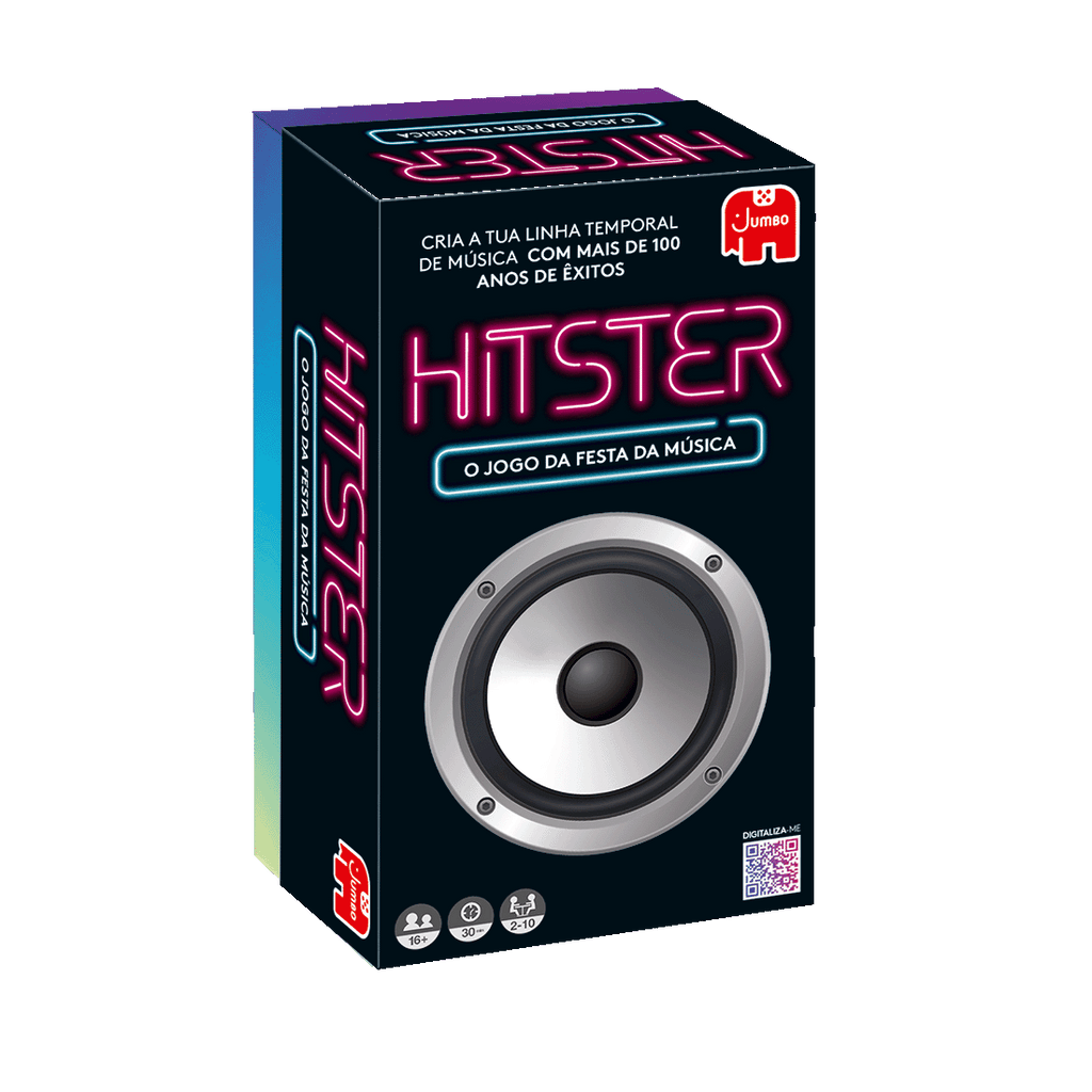 Caixa do Hitster Jogo Musical Original Edição Portuguesa em perspetiva, na embalagem original da marca