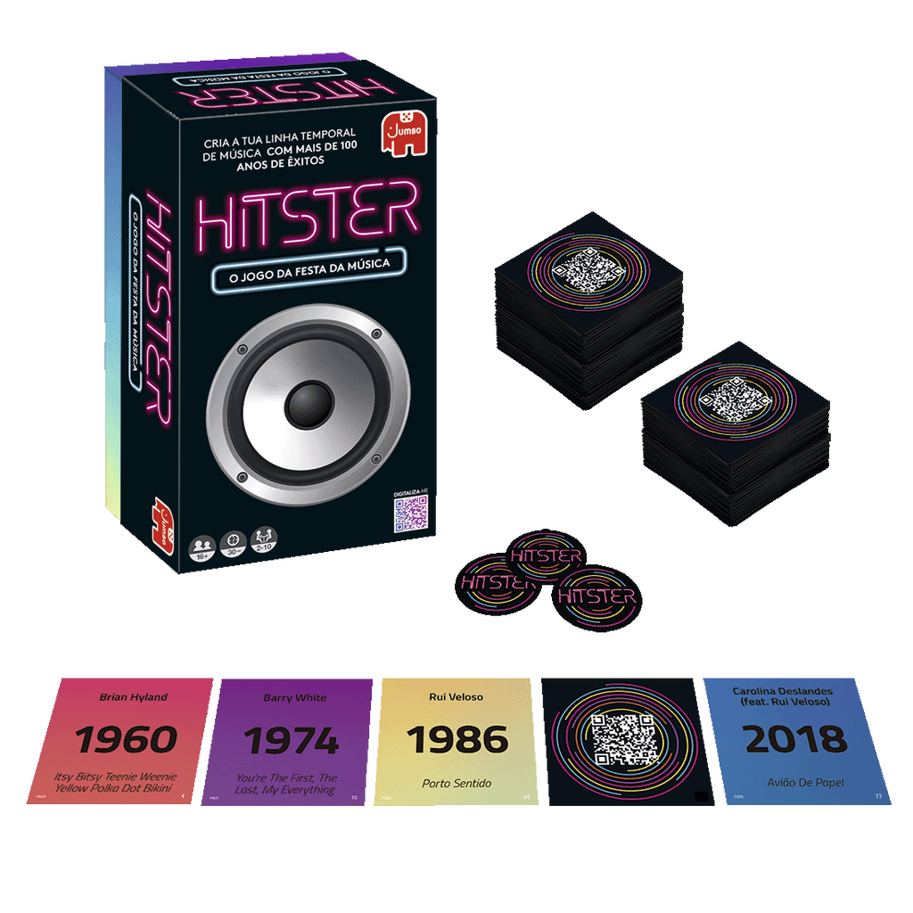 Conteúdo da caixa do Hitster Jogo Musical Original Edição Portuguesa, com todas as peças incluídas à vista