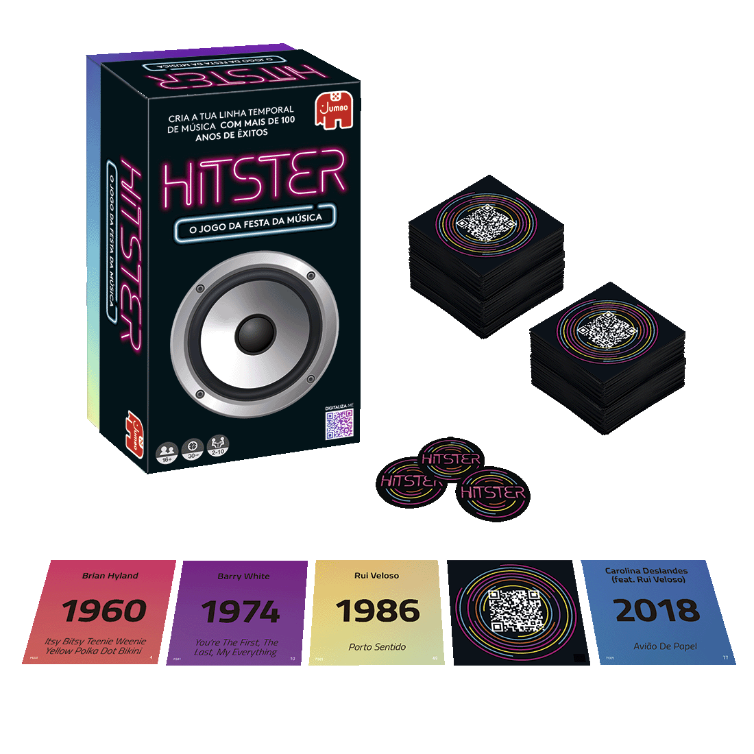 Conteúdo da caixa do Hitster Jogo Musical Original Edição Portuguesa, com todas as peças incluídas à vista
