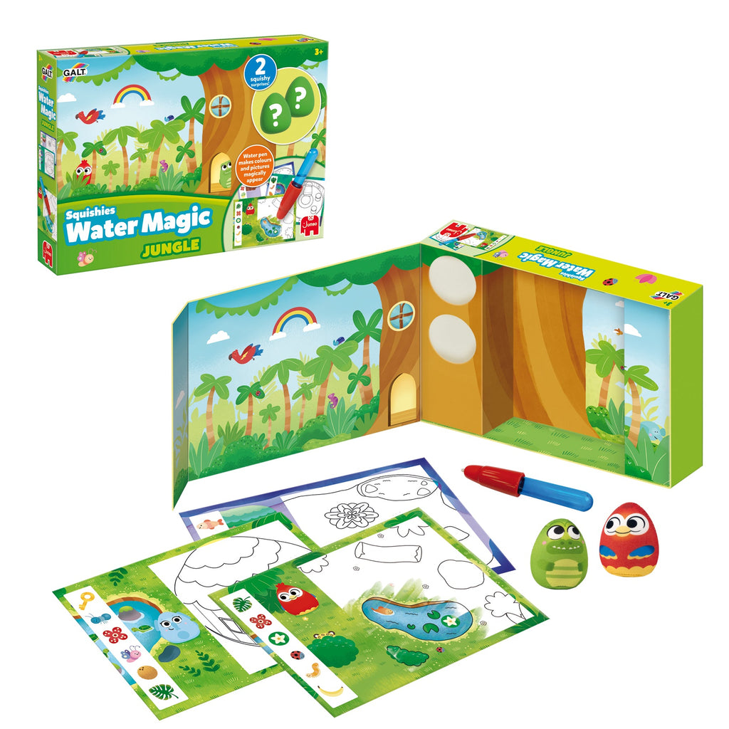 Conteúdo da caixa do Galt Water Magic Squishies Selva, com todas as peças incluídas à vista