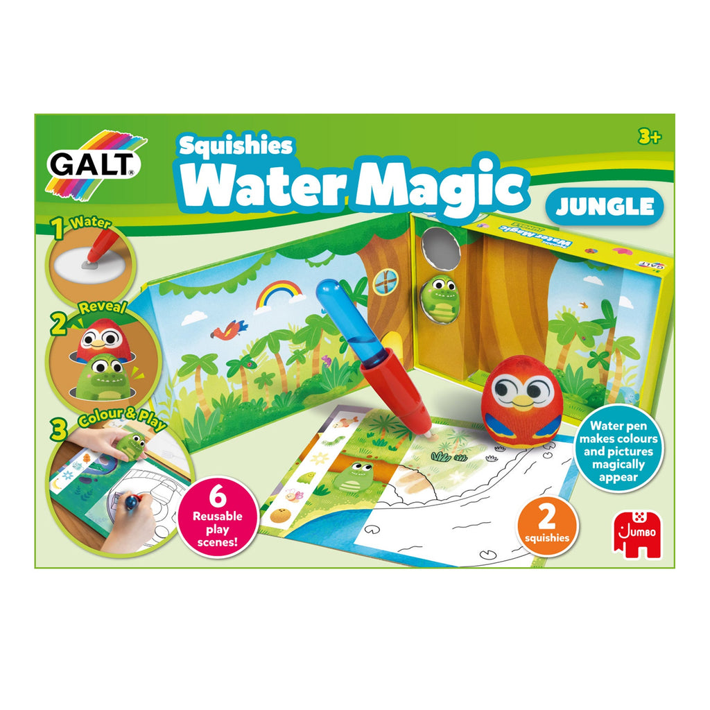 Frente da embalagem do Galt Water Magic Squishies Selva, com a ilustração e a idade recomendada