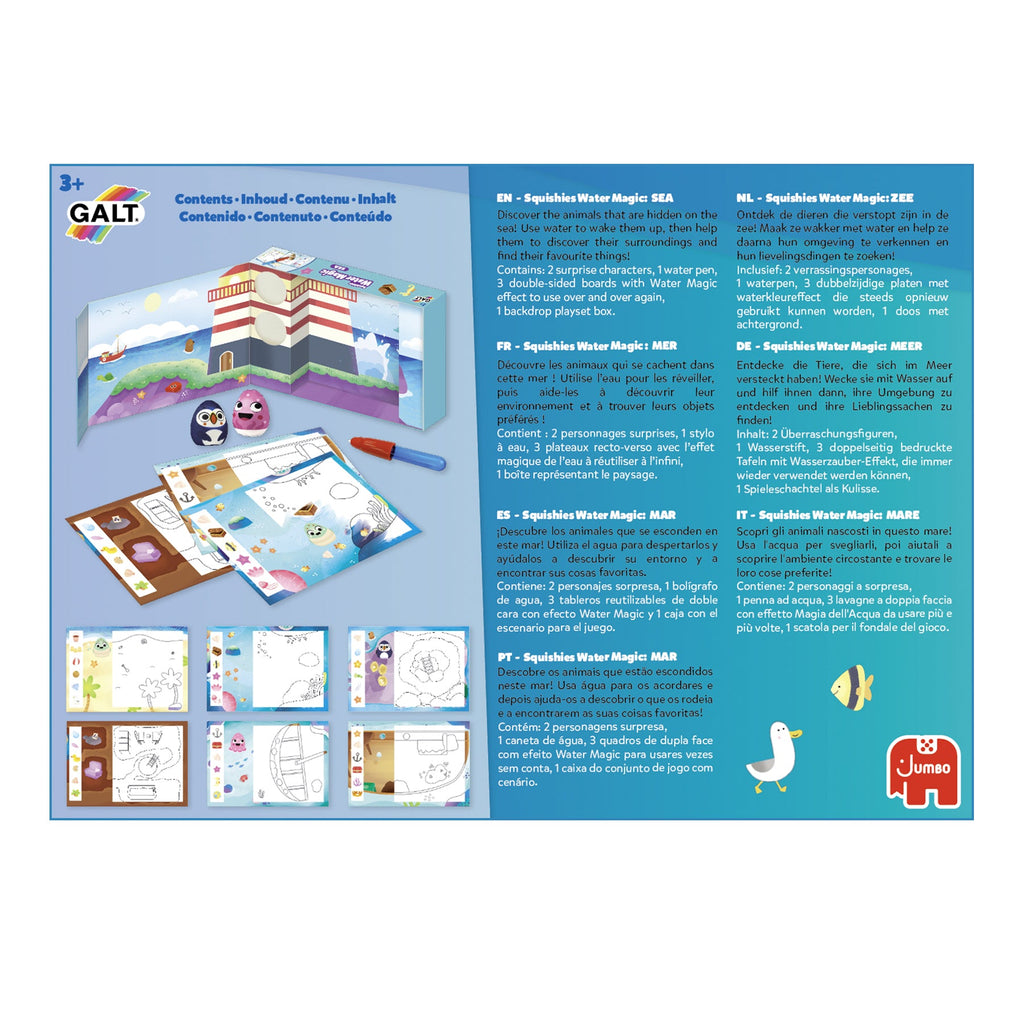 Verso da embalagem do Galt Water Magic Squishies Mar, com a informação do fabricante