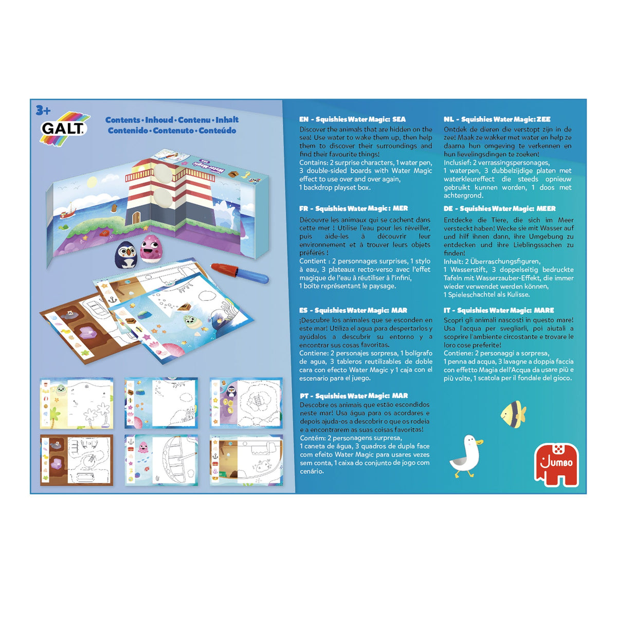 Verso da embalagem do Galt Water Magic Squishies Mar, com a informação do fabricante