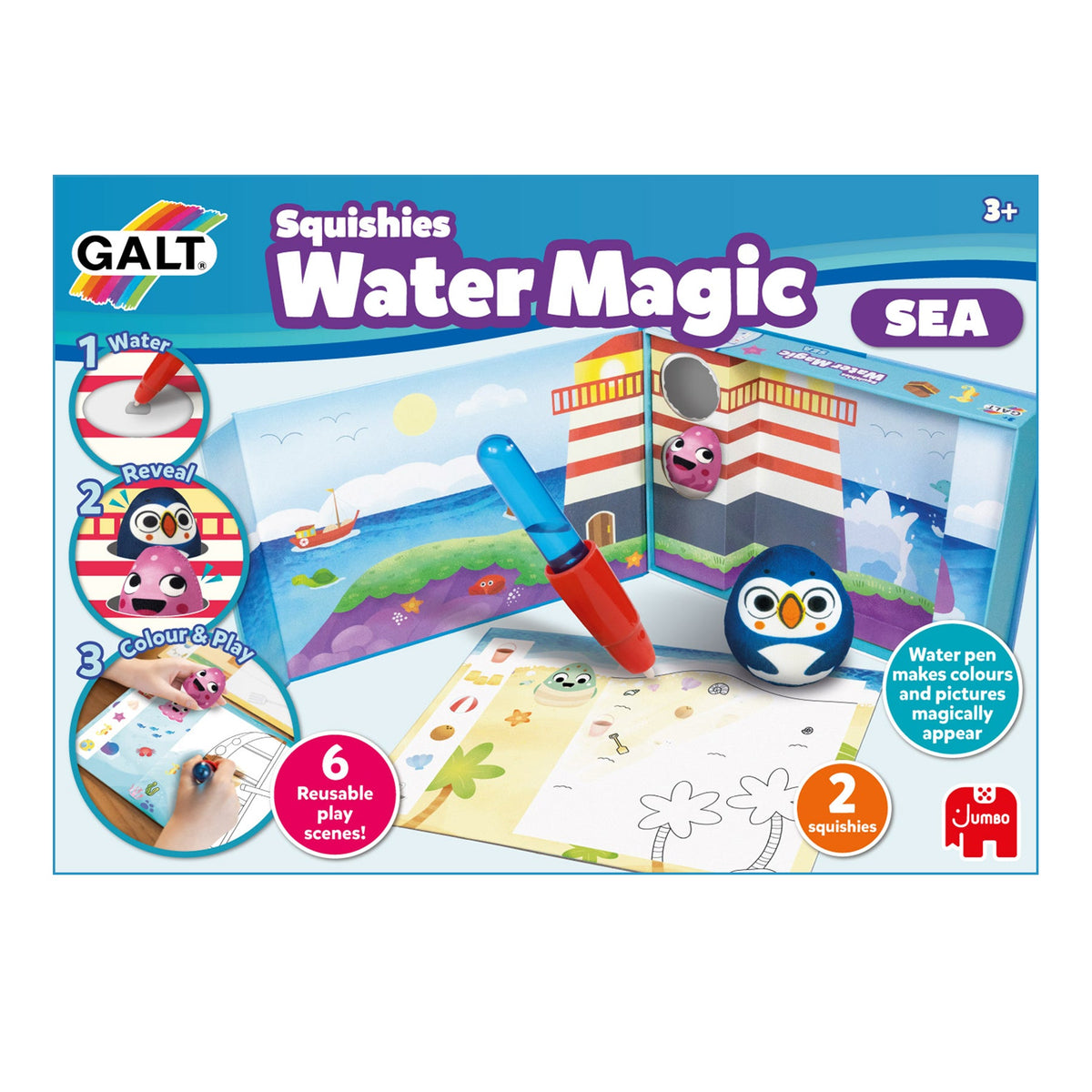 Frente da embalagem do Galt Water Magic Squishies Mar, com a ilustração e a idade recomendada