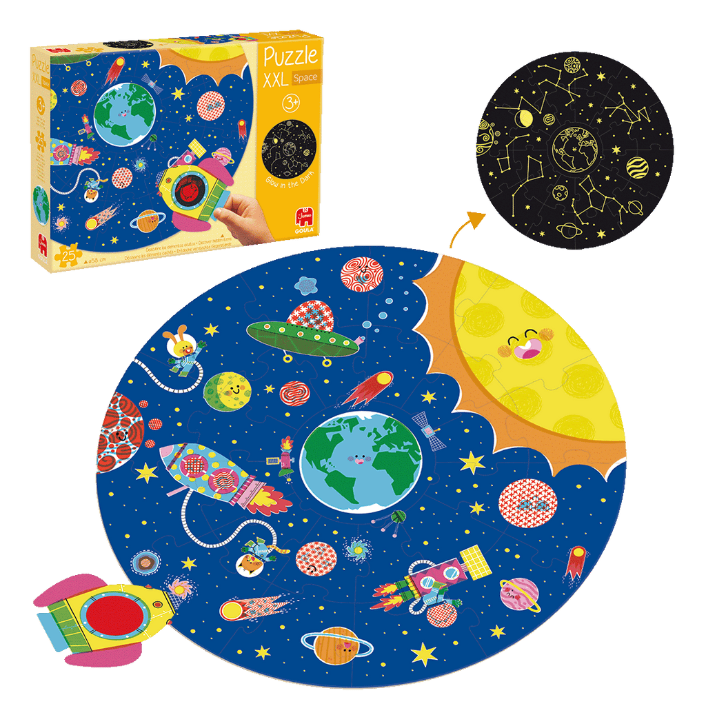 Conteúdo da caixa do Goula Puzzle XXL Espaço, com todas as peças incluídas à vista