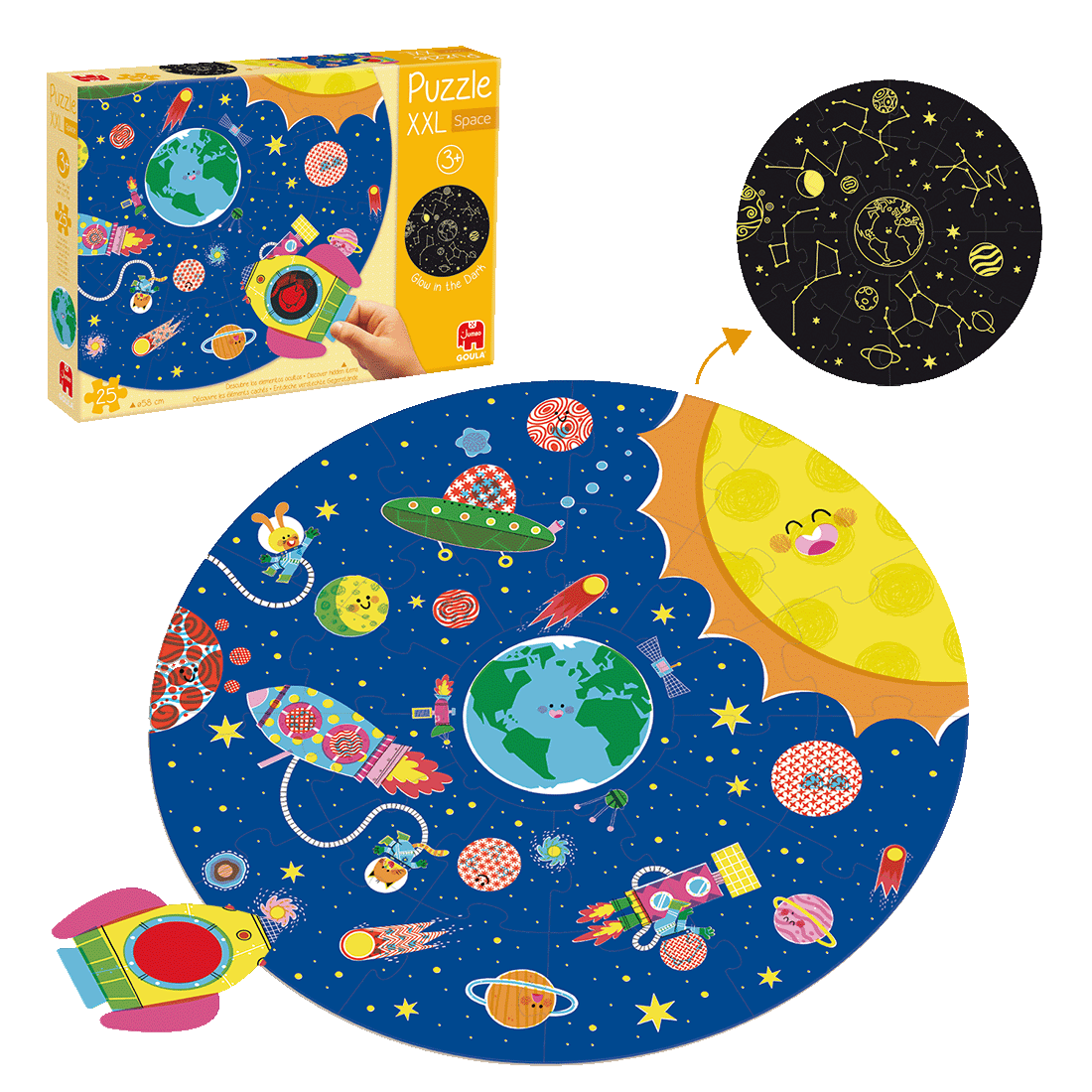 Conteúdo da caixa do Goula Puzzle XXL Espaço, com todas as peças incluídas à vista