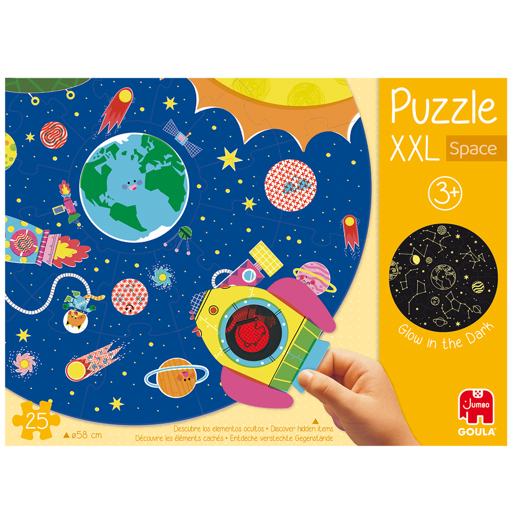 Frente da embalagem do Goula Puzzle XXL Espaço, com a ilustração e a idade recomendada