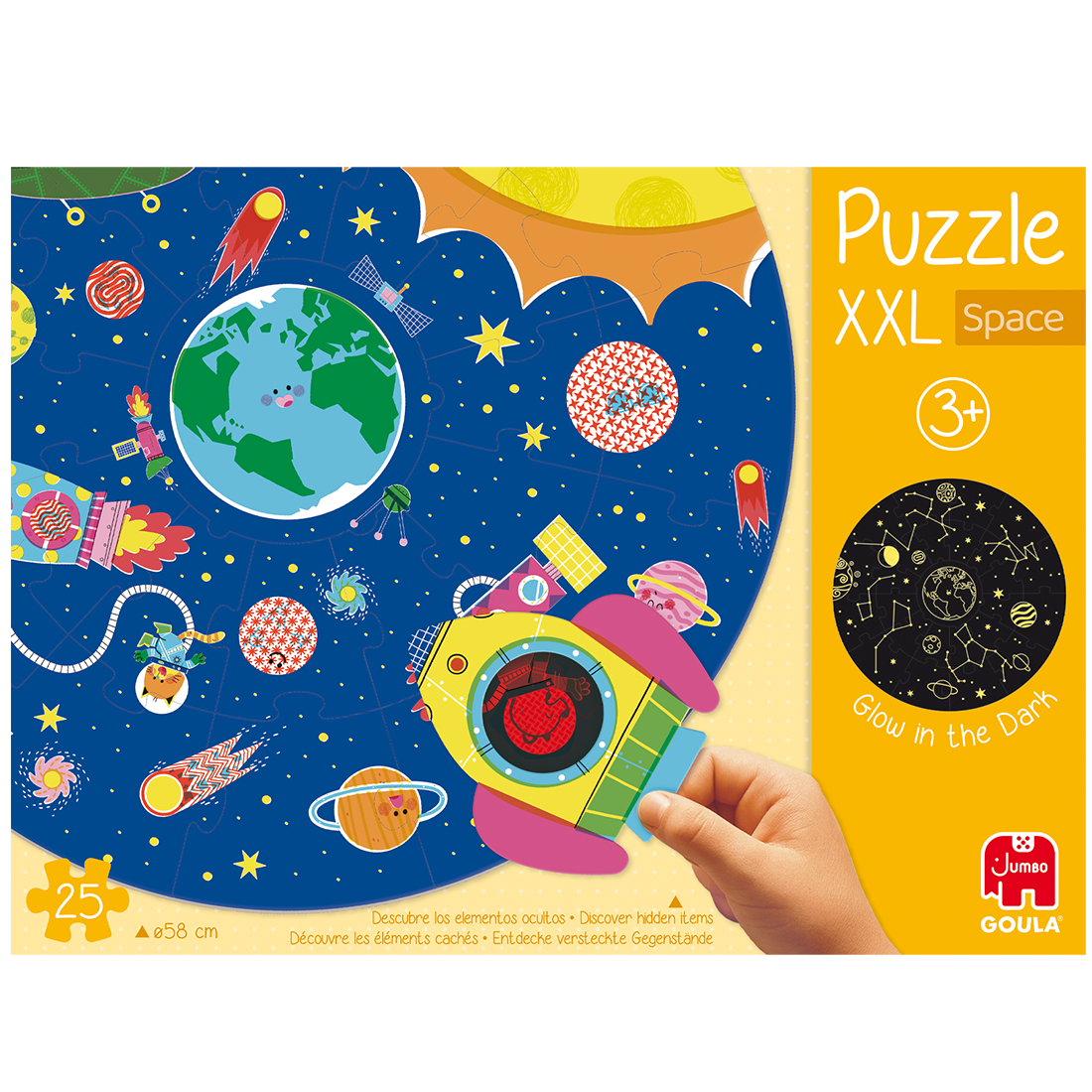 Frente da embalagem do Goula Puzzle XXL Espaço, com a ilustração e a idade recomendada