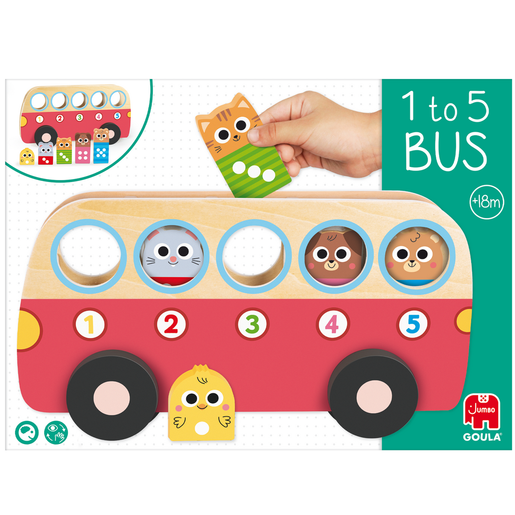 Frente da embalagem do Goula Autocarro 1 a 5, com a ilustração e a idade recomendada