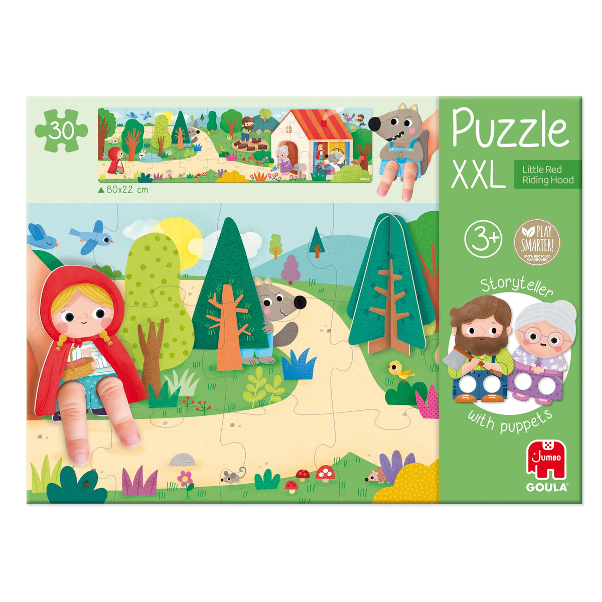 Frente da embalagem do Goula Puzzle XXL Capuchinho Vermelho, com a ilustração e a idade recomendada