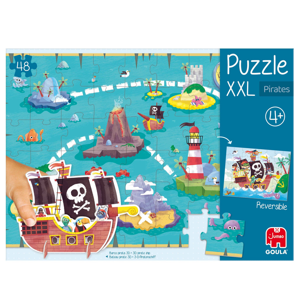 Frente da embalagem do Goula Puzzle XXL Piratas, com a ilustração e a idade recomendada