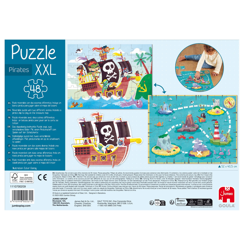 Verso da embalagem do Goula Puzzle XXL Piratas, com a informação do fabricante