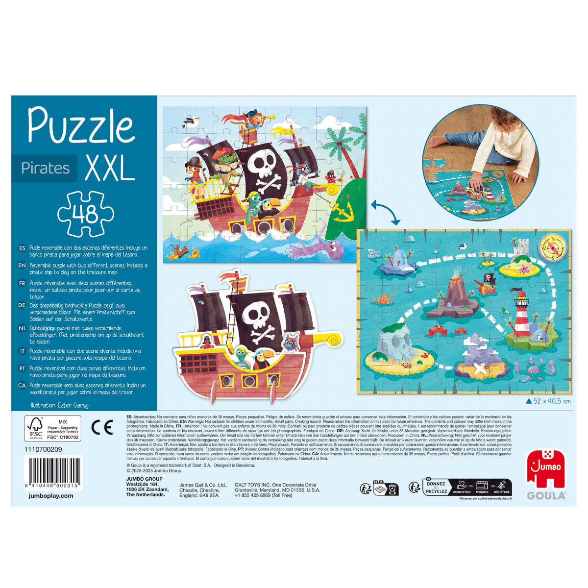 Verso da embalagem do Goula Puzzle XXL Piratas, com a informação do fabricante