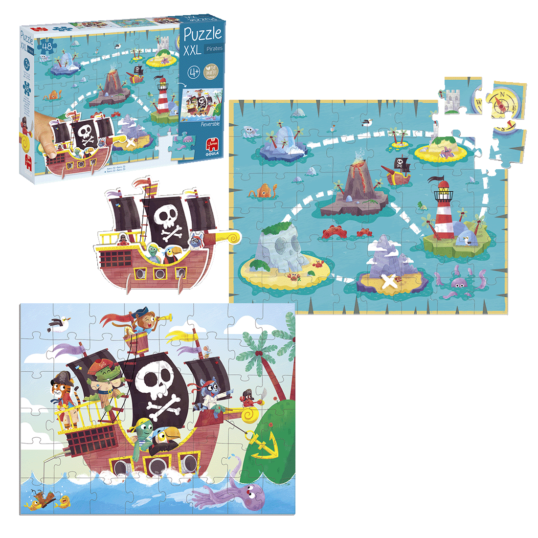 Conteúdo da caixa do Goula Puzzle XXL Piratas, com todas as peças incluídas à vista