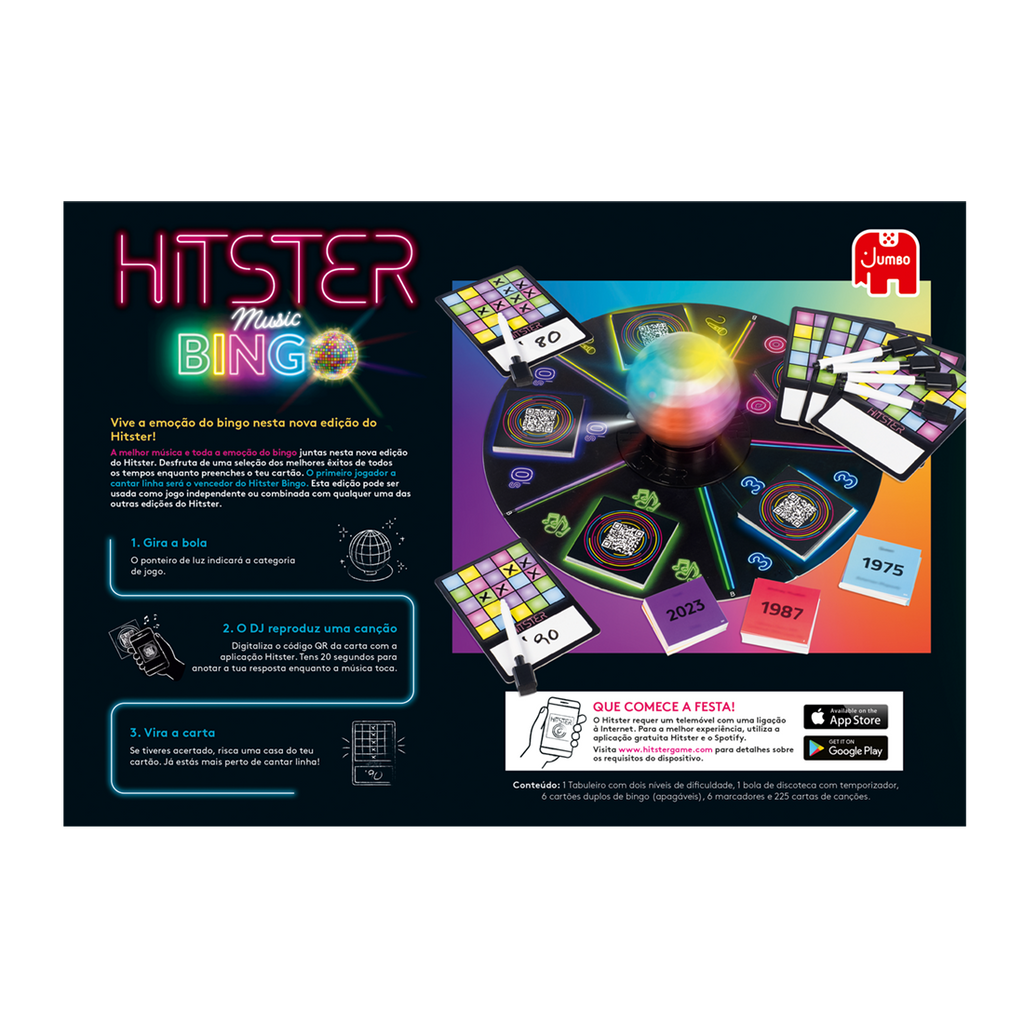 Verso da embalagem do Hitster Bingo Musical Edição Portuguesa, com a informação do fabricante