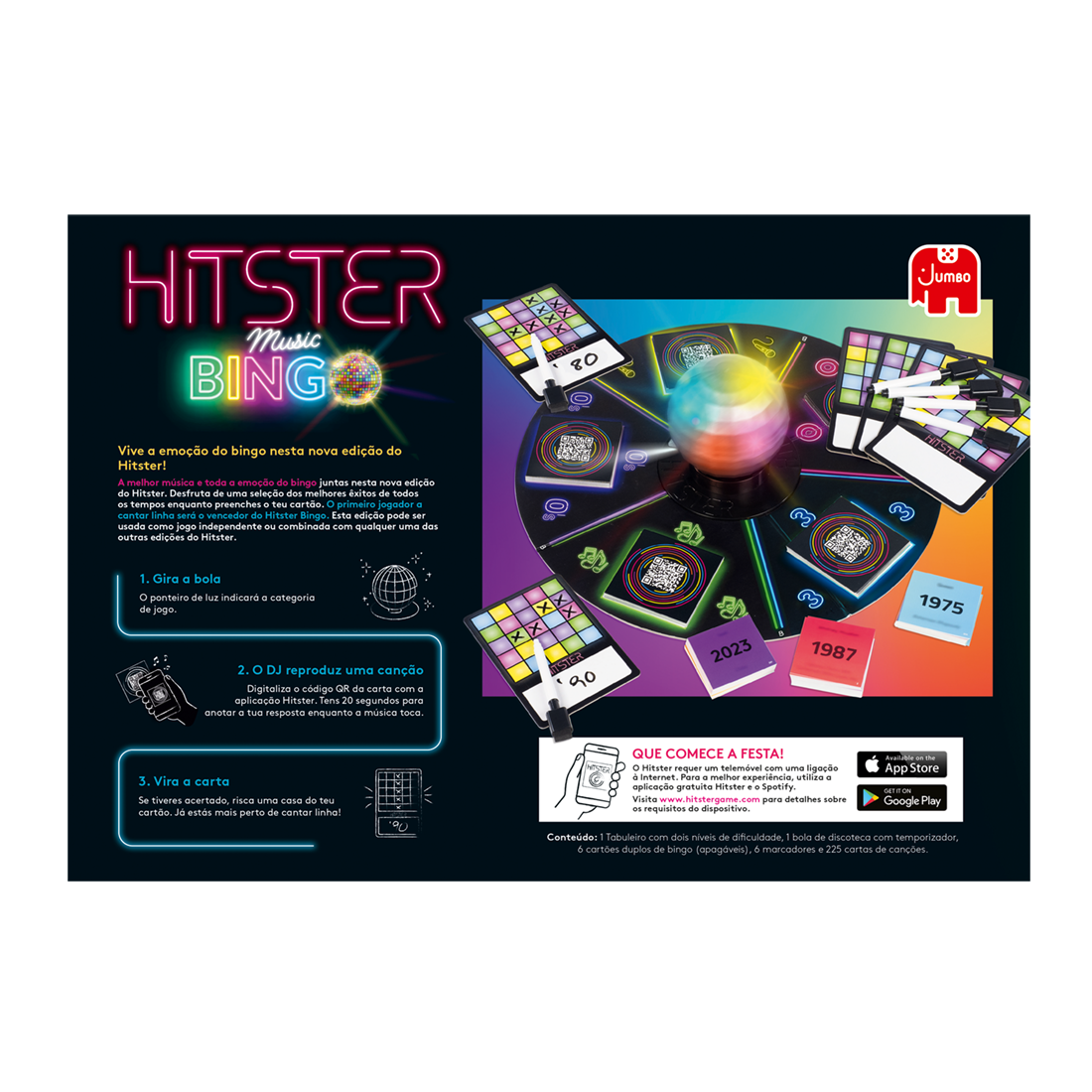 Verso da embalagem do Hitster Bingo Musical Edição Portuguesa, com a informação do fabricante
