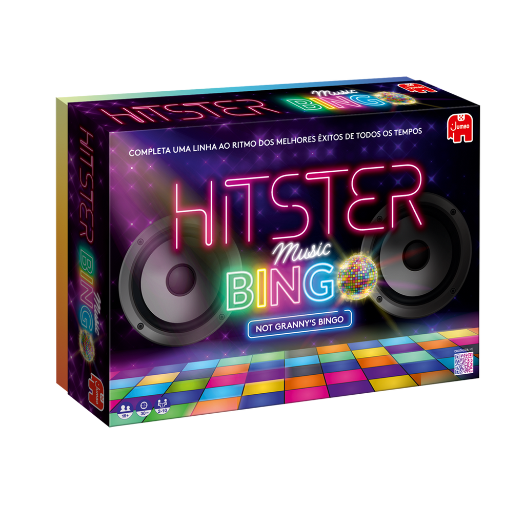 Caixa do Hitster Bingo Musical Edição Portuguesa em perspetiva, na embalagem original da marca