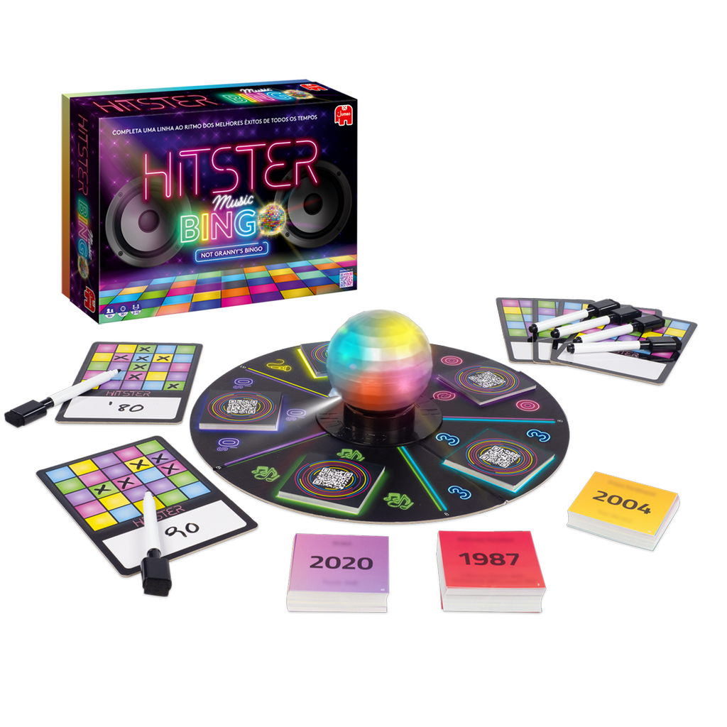 Conteúdo da caixa do Hitster Bingo Musical Edição Portuguesa, com todas as peças incluídas à vista