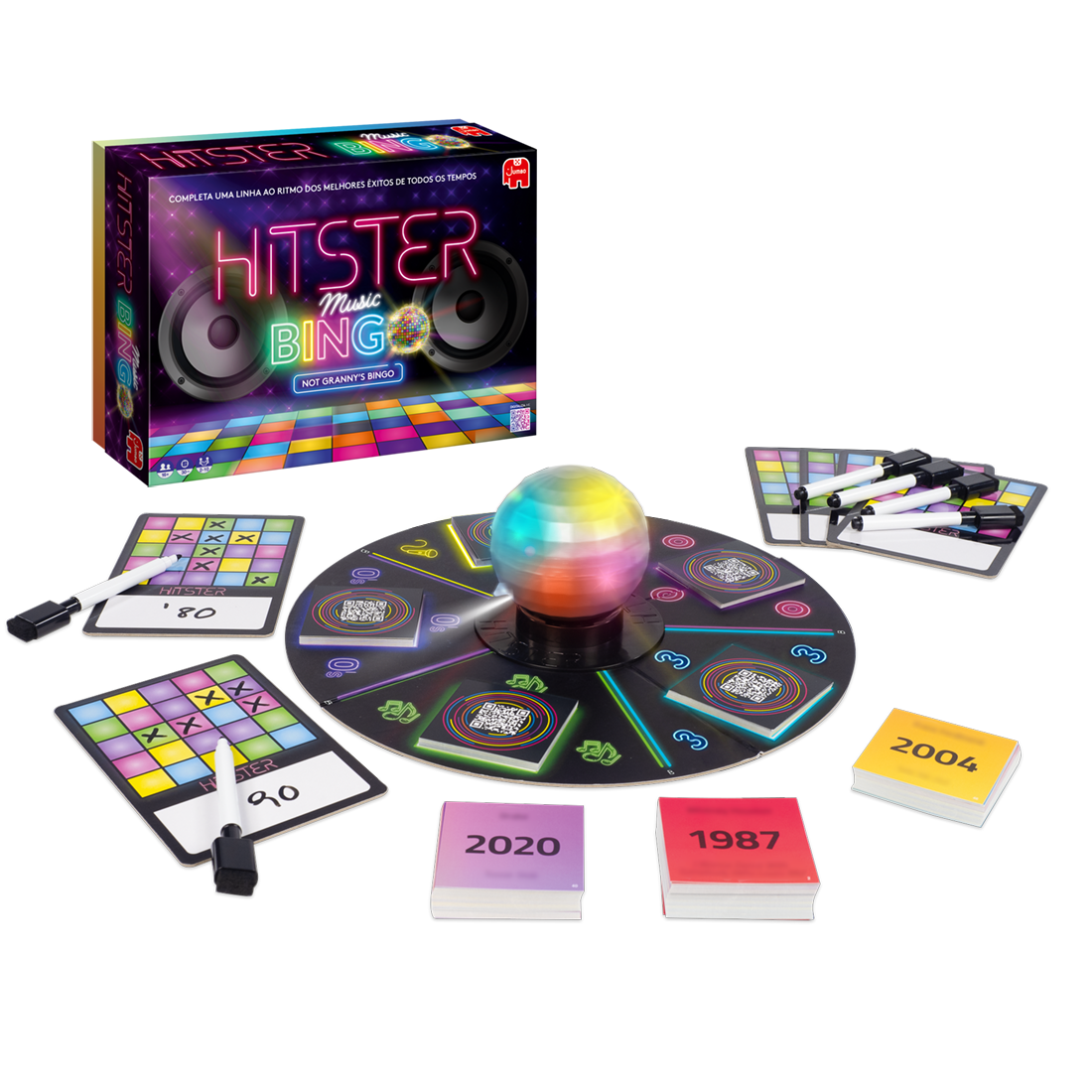 Conteúdo da caixa do Hitster Bingo Musical Edição Portuguesa, com todas as peças incluídas à vista