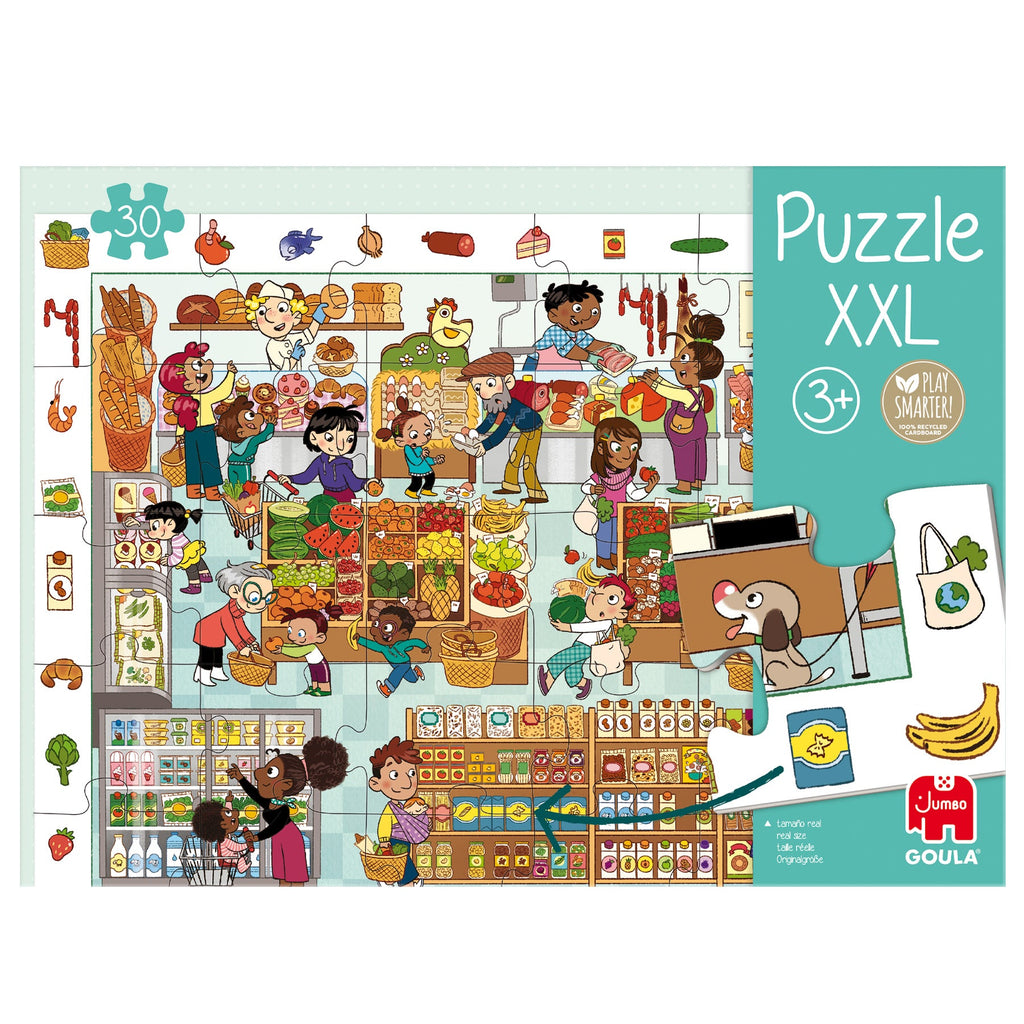 Frente da embalagem do Goula Puzzle XXL Mercado, com a ilustração e a idade recomendada