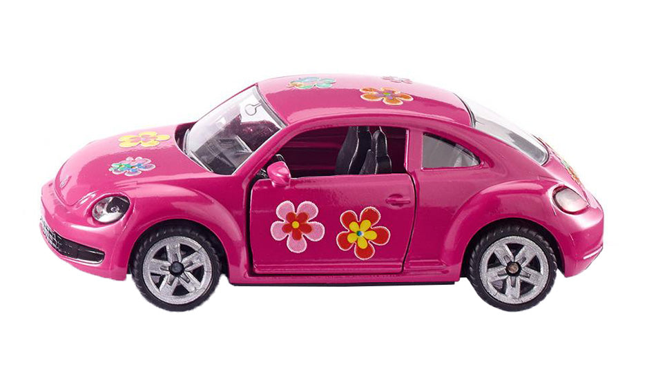 Miniatura SIKU Volkswagen The Beetle rosa com autocolantes de flores coloridas aplicados na lateral e no tejadilho.