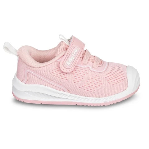 Sapatilha BabyFree barefoot rosa com elásticos e fecho de velcro, vista lateral, ideal para o desenvolvimento do pé infantil.