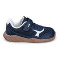 Sapatilha barefoot Chetto Mesh em azul marinho, vista lateral, com velcro e sola de caramelo