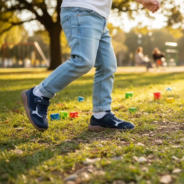 Criança de calças de ganga a caminhar num parque com sapatilhas barefoot Chetto Mesh em azul